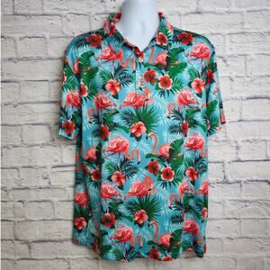 NWT Yatta Golf Mens Large Pau Hana Tropical Flamingo Pattern Polo Shirt
